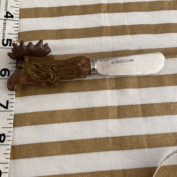 Gold and white stripe elegant fringe tea towel and moose condiment knife, NWOT - Picture 7 of 10